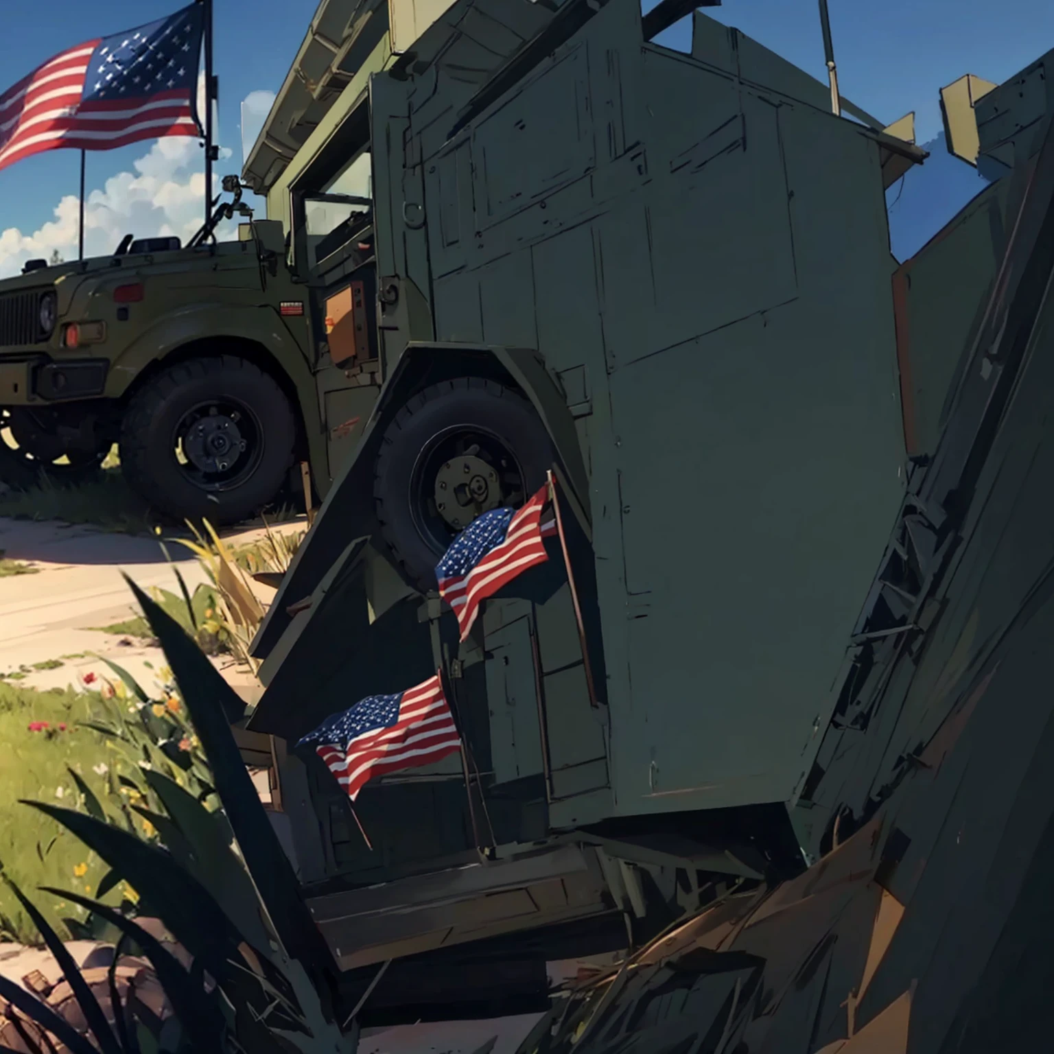 (((military camp))),(((usa flag))),(((military vehicle)))