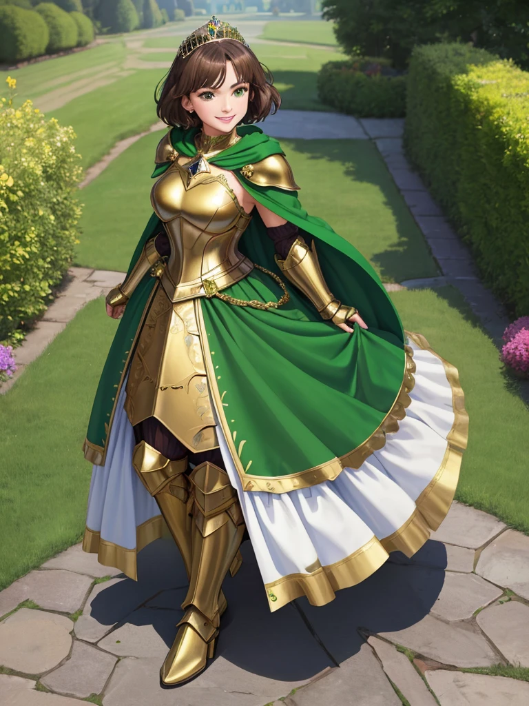 masterpiece, best quality:1.2), 1girl, smile, looking at viewer, green eyes, short brown hair, princess, armor, , pauldrons, armored dress, green cloak cape, wearing puffy blue ballgown skirt, golden tiara with green gem, armored boots, fingerless gloves, standing in medieval garden