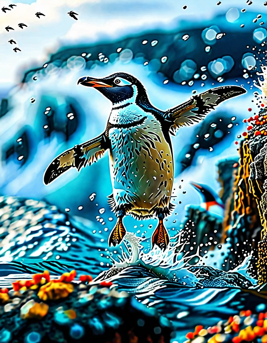 A penguin jumped off a high cliff into the sea, close-up of the moment of jumping, First Penguin.
