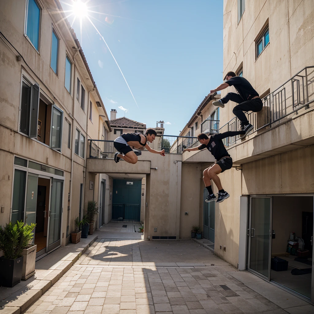 first person image view, doing parkour on a balcony of a building, jumping to the other