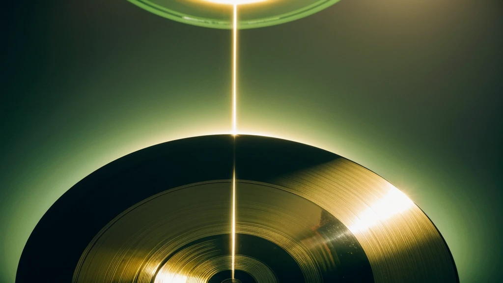 Poster Style，Green frosted background，Vinyl record combined with clock，The record is in the center of the screen.，Wide angle view of the front of the record，Half vinyl record, half clock，Reflecting the sense of time and space，Golden text effect for English title on the right，There is a halo of light around the record similar to a black hole，Extremely high definition picture quality，quality，Real texture，No sense of space