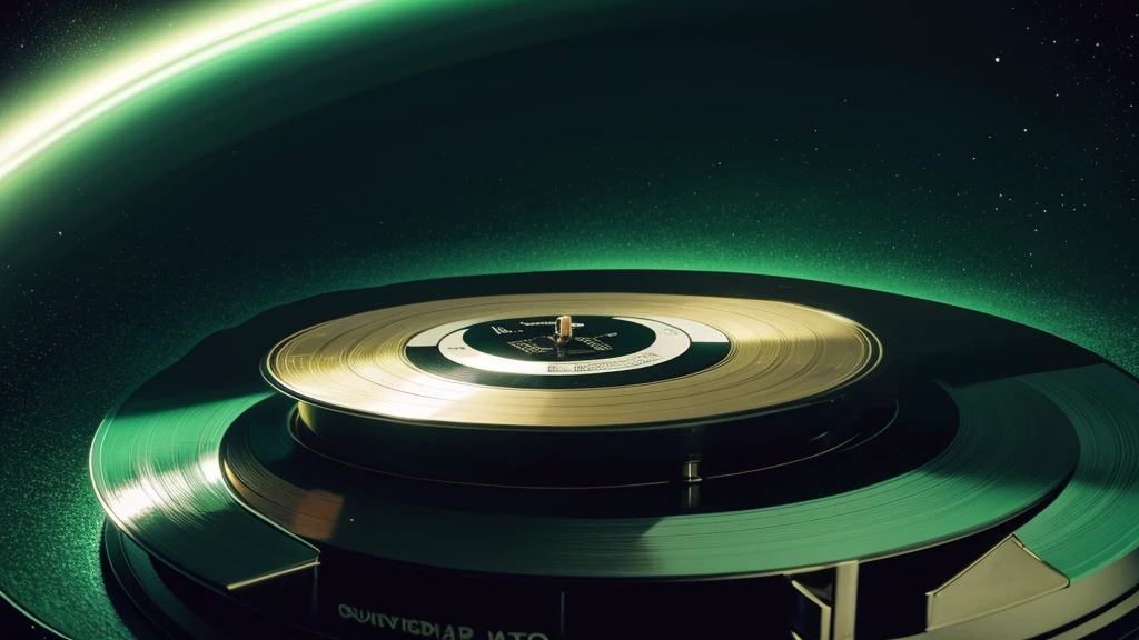 Poster Style，Green frosted background，Vinyl record combined with clock，The record is in the center of the screen.，Wide angle view of the front of the record，Half vinyl record, half clock，Reflecting the sense of time and space，Golden text effect for English title on the right，There is a halo of light around the record similar to a black hole，Extremely high definition picture quality，quality，Real texture，No sense of space