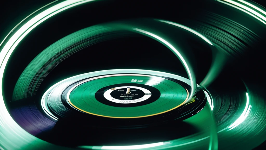 Poster Style，Green frosted background，Vinyl record combined with clock，The record is in the center of the screen.，Wide angle view of the front of the record，Half vinyl record, half clock，Reflecting the sense of time and space，Golden text effect for English title on the right，There is a halo of light around the record similar to a black hole，Extremely high definition picture quality，quality，Real texture，No sense of space