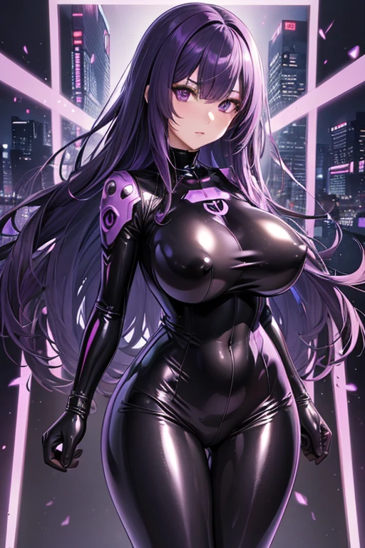 highest quality,Super detailed,shiny skin,1 woman in her 20s,beautiful japanese woman,(purple and black full body latex bodysuit:1.2),villain,femdom,(female combatant:1.2),(Big square eyes:1.3),(detailed eyes),light purple hair,big breasts,big ass,Plump body type,(standing),Serious face,(cyberpunk style),from the front,1 thumb and 4 fingers,(No background:1.2)