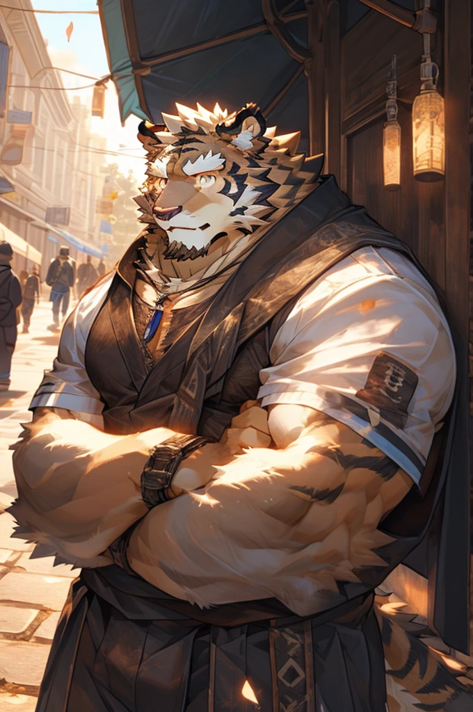 (masterpiece,best quality,Super detailed,Perfect anatomical structure),Detailed background,Empty,hairy,cannon, ,Clear focus,白色tiger，By Empty Ghost, rest 阳光,External,campus, Solitary,Solitary ，male,male ,human nature,Cat,tiger,muscular,rest (White fur:1.5,White body:1.5),looking at the audience,Delicateeyes, Dressed,Casual clothing is acceptable when the weather is nice,Golden pupils