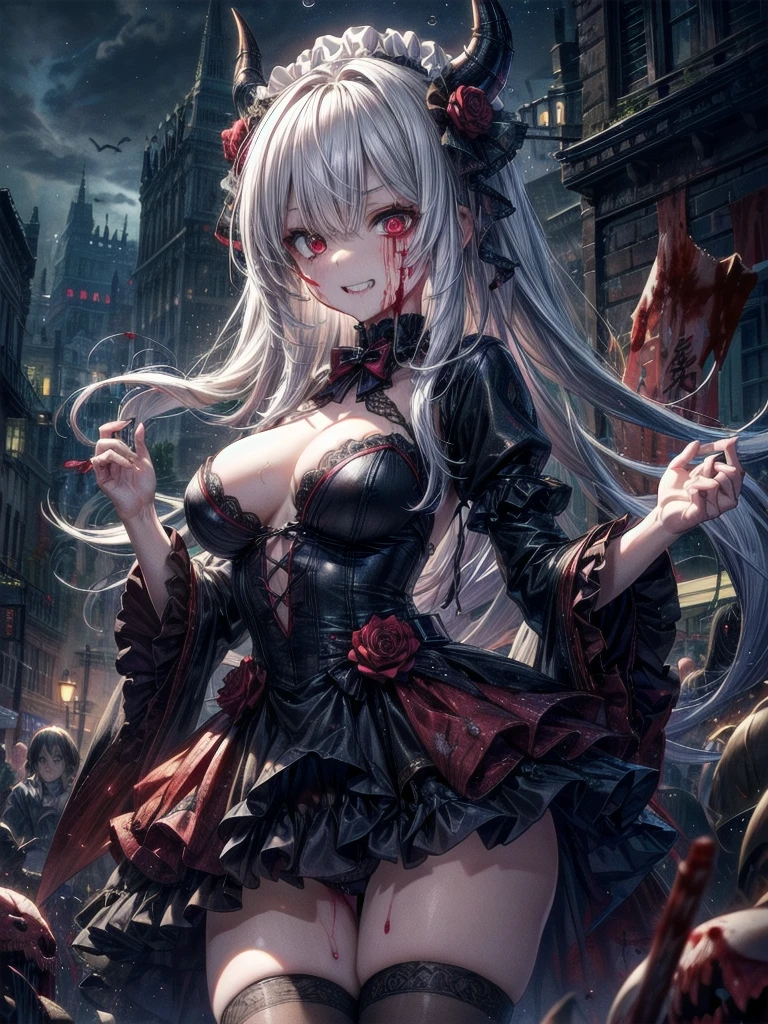 死んだ腐ったBloodに飢えた邪悪なzombie, Girl Venom, 黒い共bornborn物が付着している, Bloodまみれの, Evil look, Psychopathic, Torn clothes, Torn costume, sexy, reveal, Combat Stance, Very detailed, Vibrant appearance, Creative Action, Very detailed, Imaginative, Sensual, Voluntary, Small breasts, sexy, reveal, Highest quality, skinの質感, Intricate details, (Highest quality, masterpiece, 超High resolution), (8k wallpaper, High resolution, High resolution, born), (credibility: 1.4), (whole bodyショット), One girl, ((Anime Girls)),,(Bloodしぶき:1.6), ((Fantasy Witch Costume)), ((Flowing white hair)), ,(Bloodしぶき:1.6),Female curves, Large Breasts, Thick thighs, sexyな平らなお腹, 完璧なhand, 完璧なアニメのface, ((dark ta dress)), Are standing, ((Wicked Smile)), ,(Bloodしぶき:1.6),In the Victorian city, gaslight, Steam circulates, Moonlight Illumination, night間照明, A sky filled with stars and galaxies,disaster々new devil horns,,(Bloodしぶき:1.6),アニメzombie魔女デザイン, ねじれた笑face、Bloodまみれの、頭からの出Blood、Bloodしぶき、,(Bloodしぶき:1.6),Crossbones, skull, Streetwear Design, Provector, Horror Style, Full Design, Huge breasts, Very detailed, Realistic, Dark fantasy, Gloomy atmosphere, Intricate details, Crazy Smile, 狂ったeye, A cute and luxurious hair band,(masterpiece:1.2, Highest quality), Scary atmosphere、Distorted facial expressions、Horror Art、Bloodの雨、Bloodを流す、Bloodしぶき,(Bloodしぶき:1.6),悪魔のeye、redいeye、scar、火scar、whole body、Torn hair of a woman dressed in slave clothing、(Long Hair)、(eyeにかかる長さの前髪)、Black Hair、(((eyeの下のクマ)))、青白いskin、Feeling unwell、Pathological、邪悪な笑face、狂ったeye、(Grin)Dramatic makeup,Create mixed media art、,Horror 1 Girl, Open_mouth, , red_eye, Blood, Tilt_red_skin, Injury, Blood_in addition_face, Bandaged_arm, Blood_in addition_zombie, Blood_in addition_hand , Open your eyelids wide, The trend is all, mouthを大きくOpen, mouthを開けてteethをむき出しにする,獣のような鋭いteeth, Wide lips, 非常に広いmouth, Vermilion cheeks, blonde, ,(Bloodしぶき:1.6),Princess Cut, Ribbon hair ornament, brooch, Otaku Room, Well-built body, Nice body, Ample breasts, Thick body,eyeを大きく開いて、Scary atmosphere、Distorted facial expressions、ねじれた笑face、Bloodまみれの、頭からの出Blood、Bloodしぶき、whole body、,(Bloodしぶき:1.6),Long Hair、Long bangs、Well-built,Broad shoulders,I focus,(face),Messy Hair,いeye,(光るeye),red信号,笑face,big 笑face,teeth,psycho 笑face,gesugao,Dark city background,darkness,night,(close),良いeye, 良いteeth,サディスティックな笑face,,all,光沢のあるskin,詳細なface,Beautiful body, mouthからの白い息 Luxurious lace long gloves