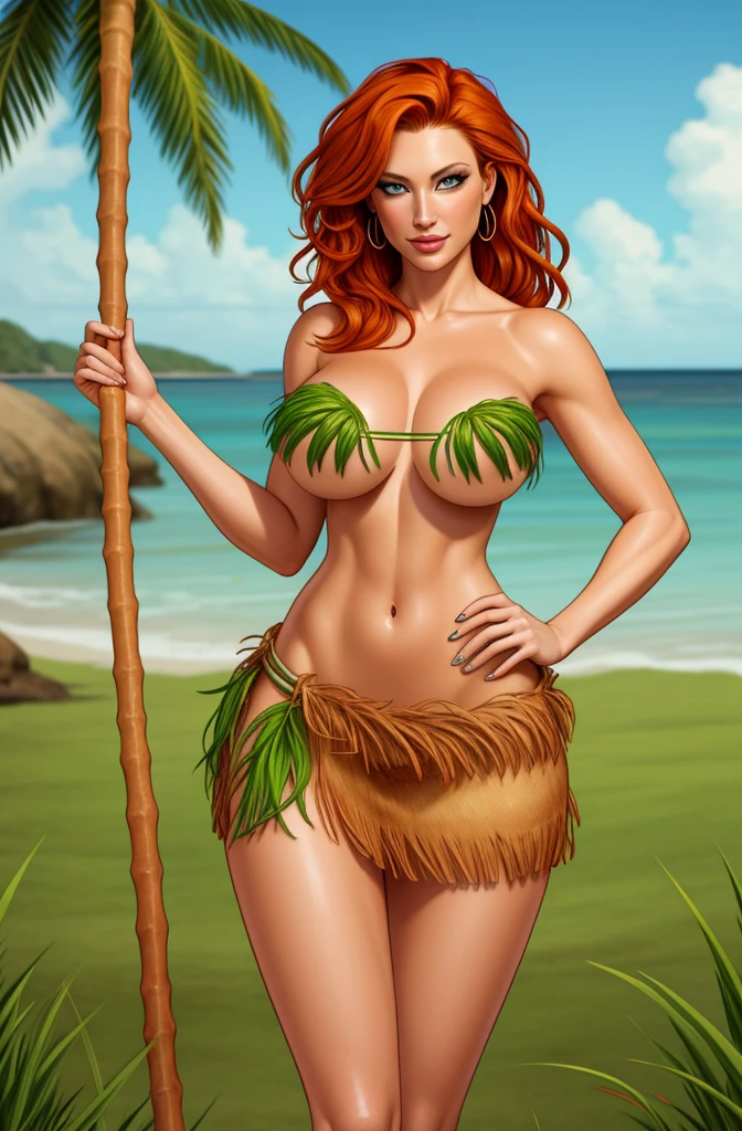 Jennifer Korbin wearing a grass skirt, ginger hair, topless