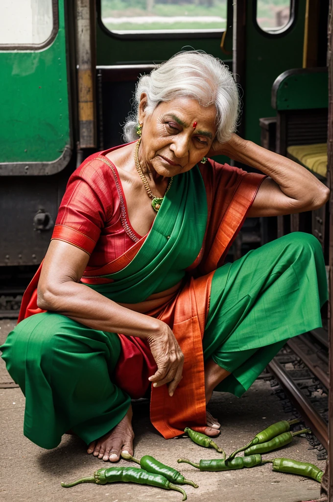 An elderly woman, dressed in a vibrant green and red sari, squats on the ground while arranging green chillies in the shape of a train . The train body  are meticulously crafted from the green chilli, adding to the scene's creative and artistic atmosphere.  The image beautifully captures the blend of art, culture, and everyday life." Generate realistic image 