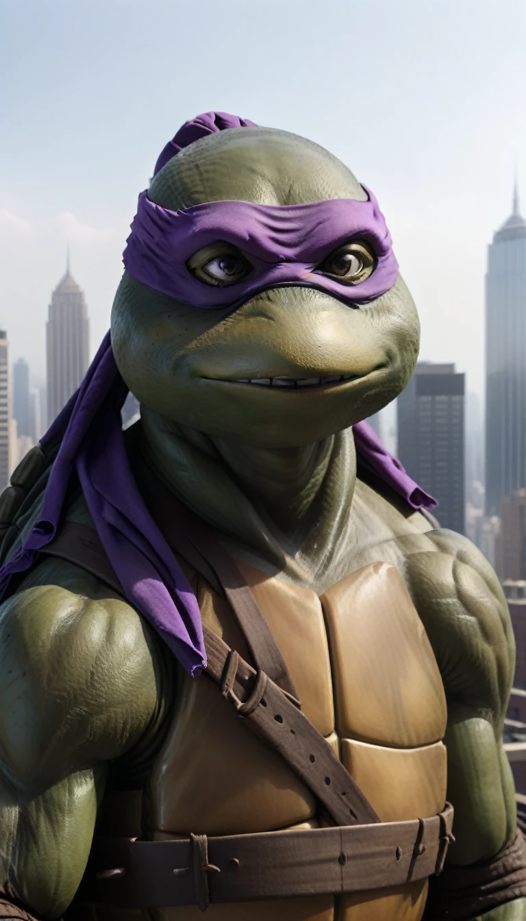 score_9, score_8_up, score_7_up, rating_safe, masterpiece, high quality, ((realistic, source_IRL)), BREAK, full body shot, TMNTDonatello, a teenage mutant ninja turtle, wearing purple bandana mask with eye-holes, fight stance, standing on a city rooftop during the day, skyscrapers and rooftops and day sky in the background, <lora:TMNT_AIO_Pony:1>