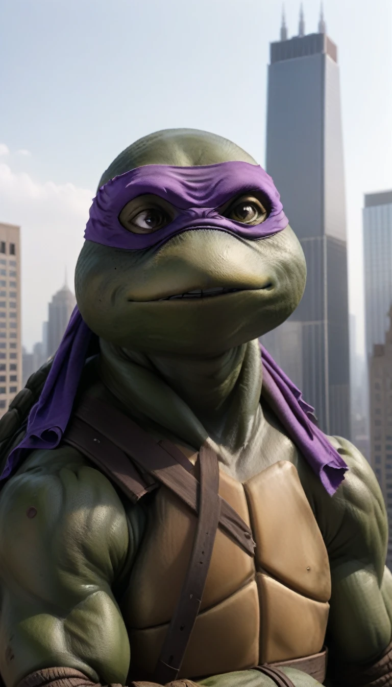 close-up, TMNTDonatello, a age mutant ninja turtle, confused, wearing purple bandana mask with eye-holes, standing on a city rooftop during the day, skyscrapers and rooftops and day sky in the background,