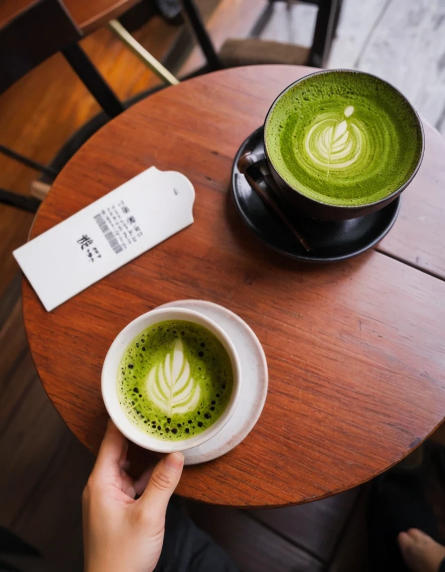 photography POV of a table in a tokyo café with a cup of matcha coffee woman hand and feet