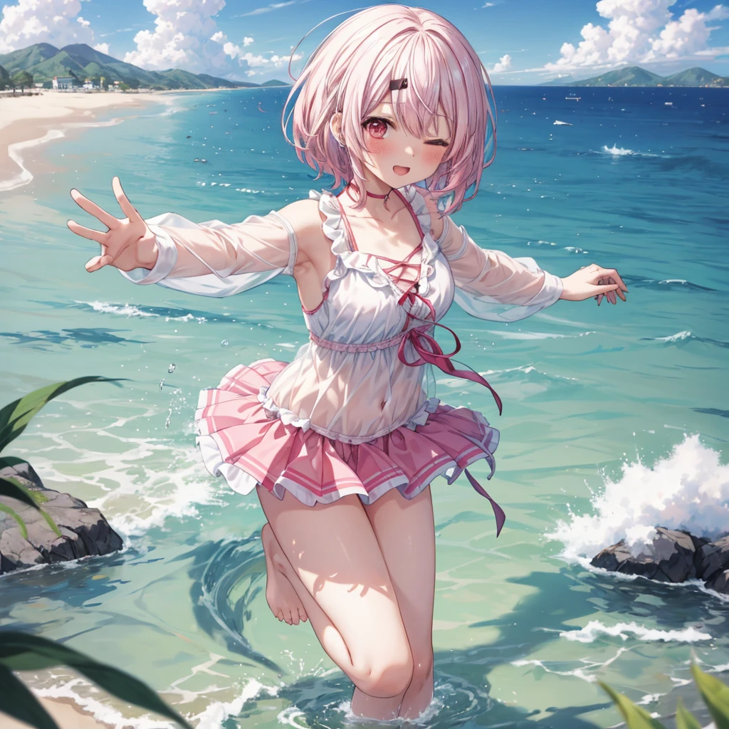 ((Highest quality)), ((masterpiece)), (detailed), a cartoon girl in 比基尼s holding her pink hair in the water on a beach, 1girl, barefoot, swimsuit, suns, one eye closed, 比基尼, 独奏, day, breasts, hair ornament, blush, sky, blue sky, water, cloud, outdoors, 比基尼, feet, hairclip, red eyes, pink hair, splashing