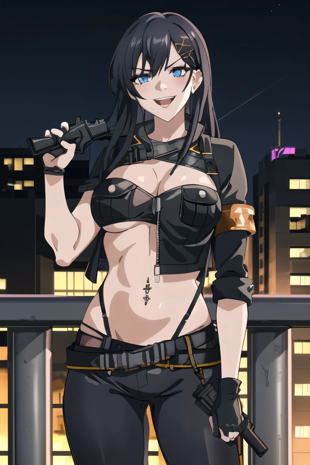 Siska, solo, long hair, blue eyes, black hair, hair ornament, hairclip, mole, blush, lipstick, outdoors, rooftop, cityscape, building, railing, night, night sky, scenery, city lights, fur trim, mature female, gloves, fur-trimmed coat, masterpiece, best quality, highly detailed, a girls with a gun, evil smile , open mouth, sexy gaze, badass
pose , evil smile, smile, (nsfw) not safe for work, guns blazing, anime girl with long hair, beautiful long
haired girl, navel, evil expression, exposed belly, exposed navel, exposed midriff, exposed lower belly,
long black pants, crop top, cleavage, unbuttoned leather pants ,open fly, low rise black leather pants,
leather jacket, holding a gun, navel piercing