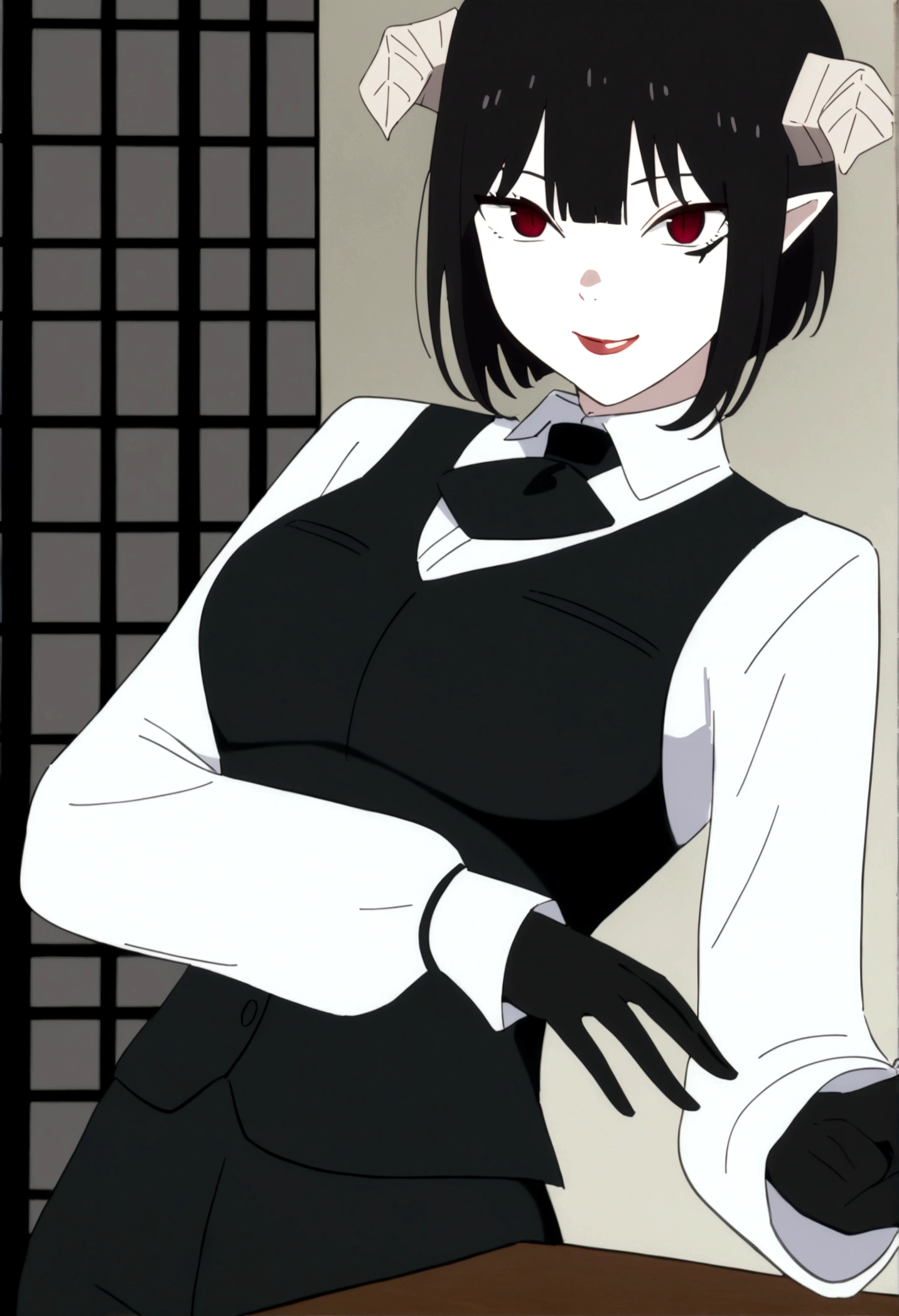 work of art, best qualityer, high resolution, 1girl horns short hair demon tail, white shirt black ascot black gloves black pants black vest , sheet, mao nos lips,beautiful smile,shining eyes,desk,low lighting
