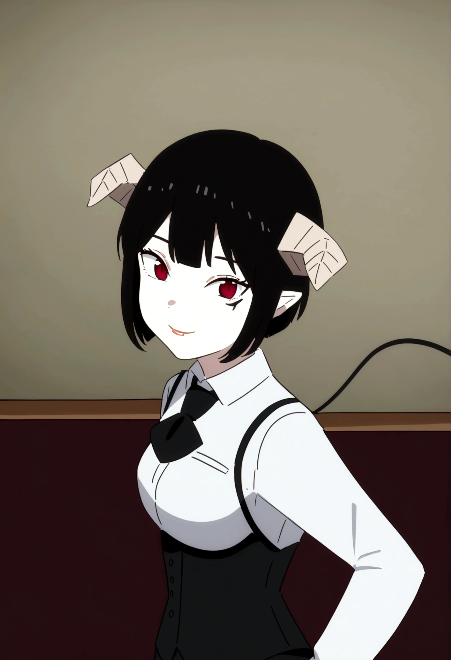 work of art, best qualityer, high resolution, 1girl horns short hair demon tail, white shirt black ascot black gloves black pants black vest , sheet, mao nos lips,beautiful smile,shining eyes,desk,low lighting