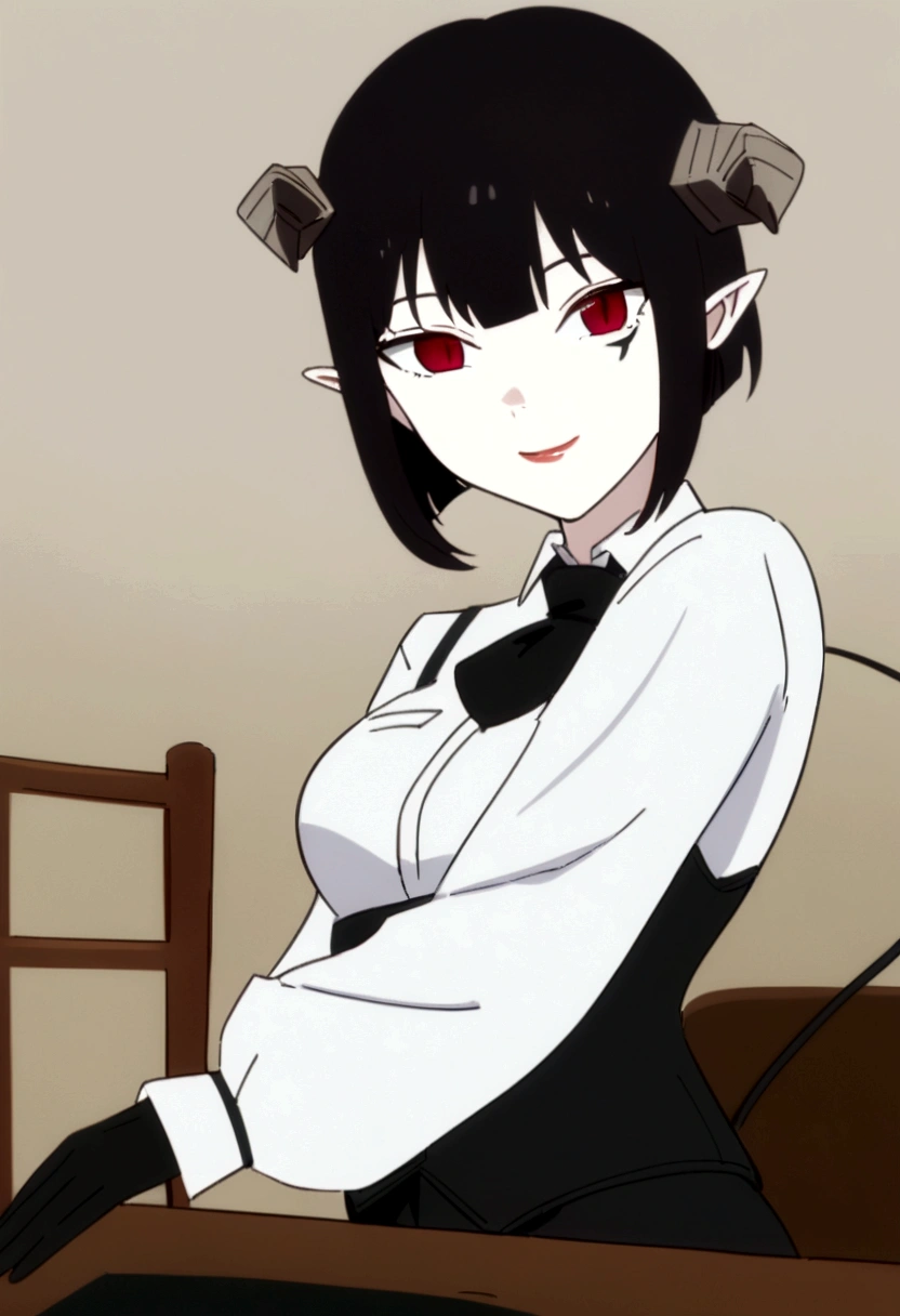 work of art, best qualityer, high resolution, 1girl horns short hair demon tail, white shirt black ascot black gloves black pants black vest , sheet, mao nos lips,beautiful smile,shining eyes,desk,low lighting