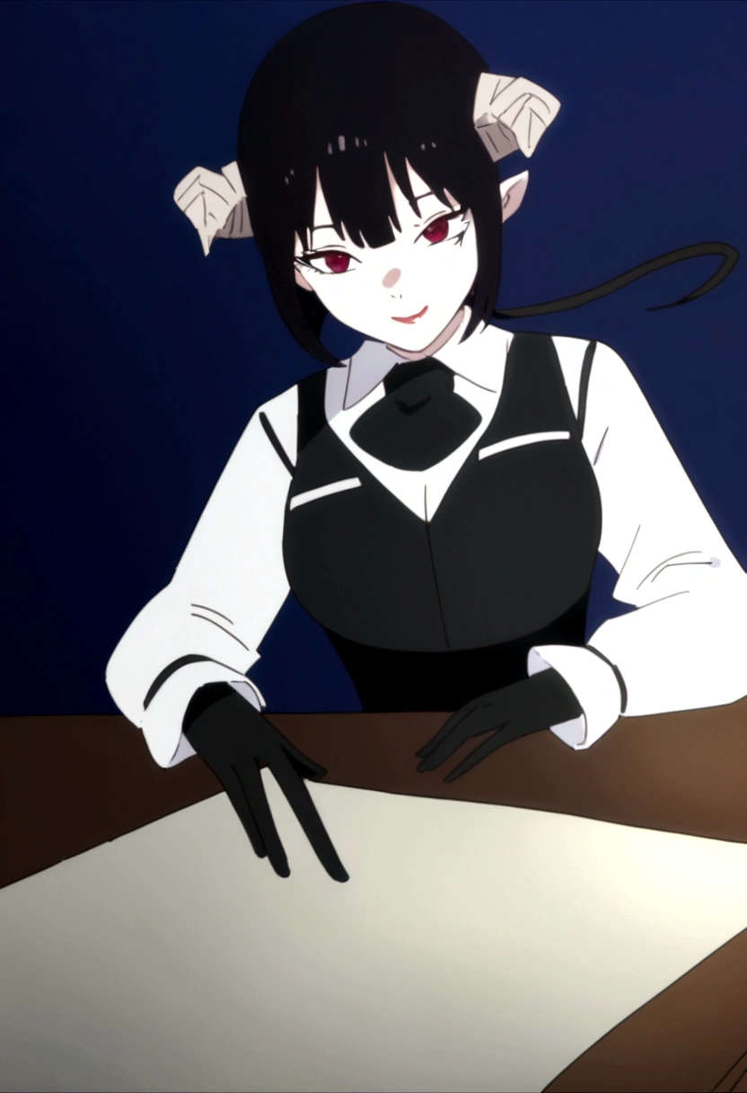 work of art, best qualityer, high resolution, 1girl horns short hair demon tail, white shirt black ascot black gloves black pants black vest , sheet, mao nos lips,beautiful smile,shining eyes,desk,low lighting
