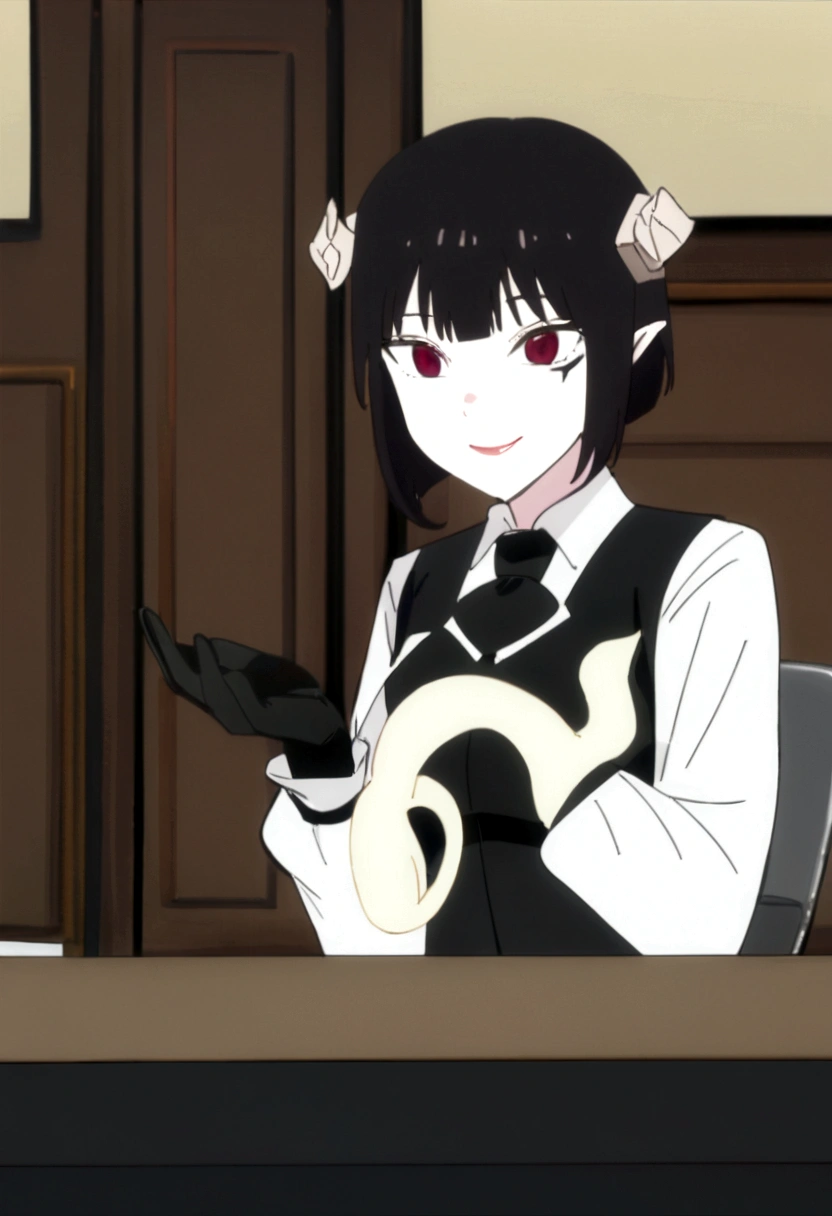 work of art, best qualityer, high resolution, 1girl horns short hair demon tail, white shirt black ascot black gloves black pants black vest , sheet, mao nos lips,beautiful smile,shining eyes,desk,low lighting