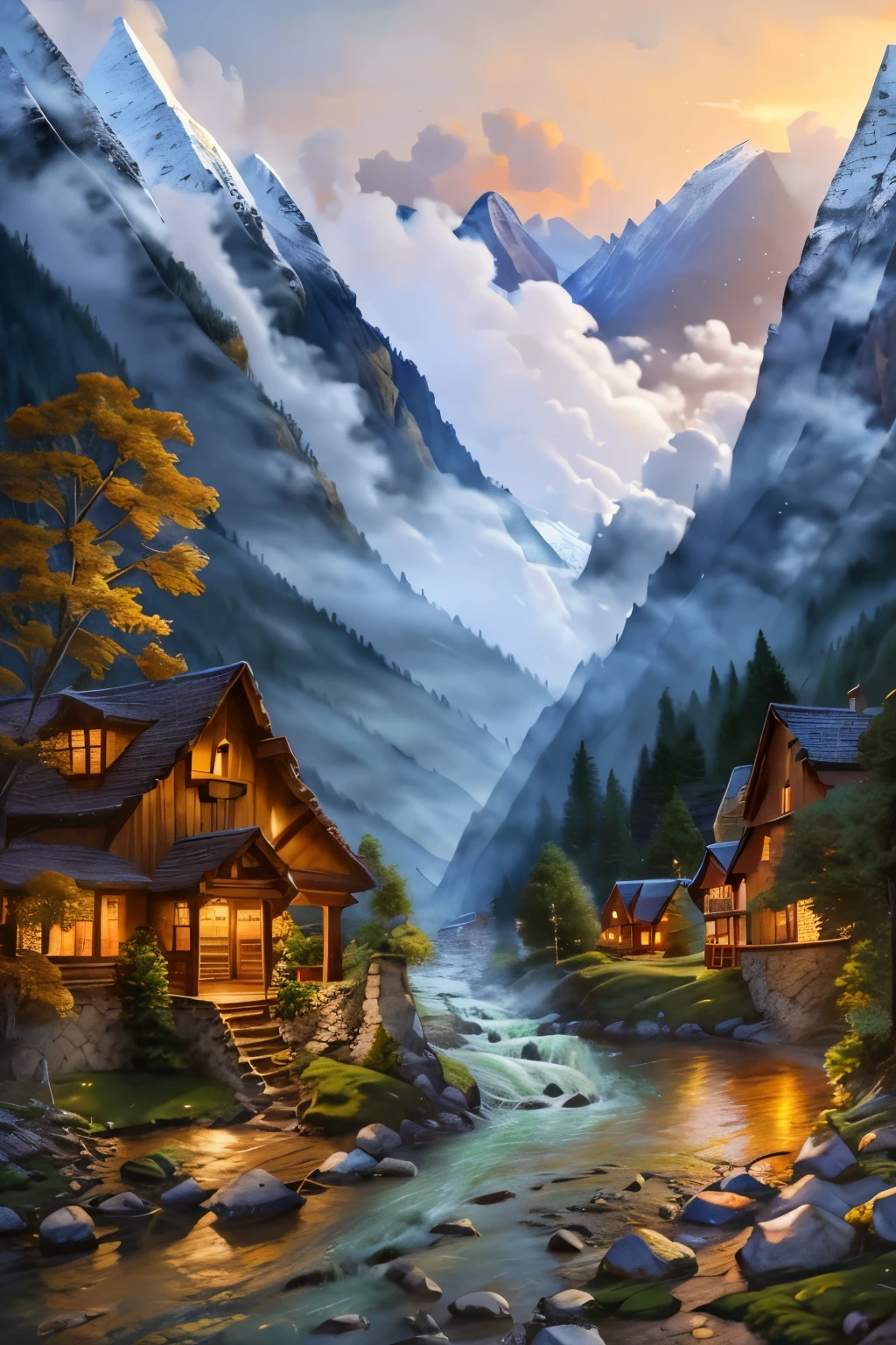 In the heart of a serene landscape, a majestic mountain range unfolds, towering peaks draped in a cloak of snow and ice. Nestled at its foot lie quaint, picturesque houses, their warm tones of wood and stone contrasting beautifully against the cold, stark mountain backdrop. The houses are arranged in a harmonious symphony, each one with its unique charm and character. The houses are surrounded by lush, vibrant greenery, and the mountain stream that meanders through the valley adds a soothing melodic sound to the tranquil ambiance. As the sun begins to set, the golden hues of the evening paint the sky, casting a warm, golden glow over