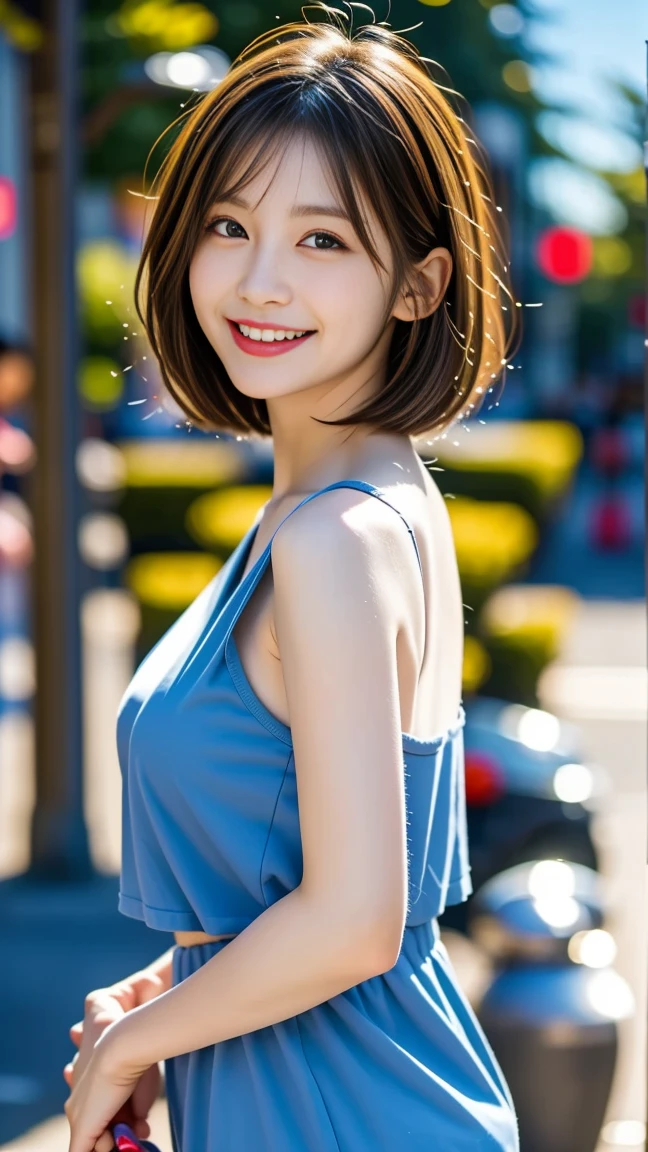 8K、best image quality、smile、masterpiece、buzzer、short hair、fine eyes、small breasts、A refreshing smile、Female college student、Dimples、Camisole showing both shoulders、Clear system、attending university、Ruck sack、Blue clothes