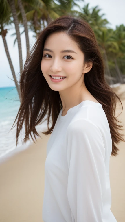 (RAW photo, highest quality), (photo realistic:1.4), (hyper realistic:1.4), (smooth lighting:1.05) Cool and intelligent Japanese beauty, (30 years old), porcelain-like fine white skin, deep chestnut brown, long gently wavy hair, large almond-shaped eyes, thin eyebrows, thin fingers, long nails, perfect anatomy, slender body, (bright smile), (white linen oversized shirt), palm trees and beach in the background, depth of field, walking on the beach while pushing her hair back with her right hand