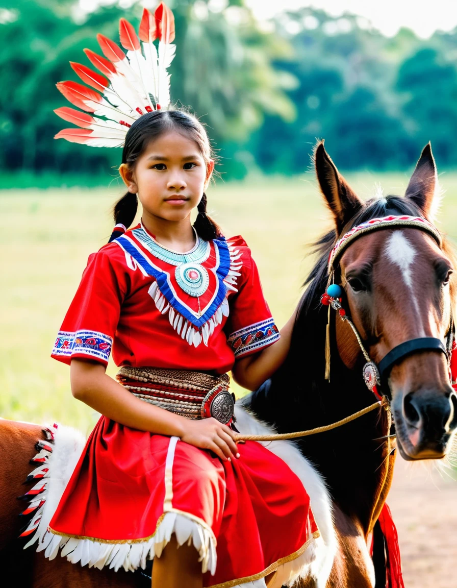Thai girl dressed as a red Indian, holding a pistol, sitting on a horse.