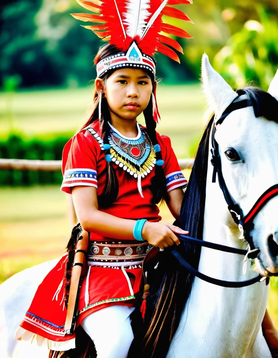 Thai girl dressed as a red Indian, holding a pistol, sitting on a horse.