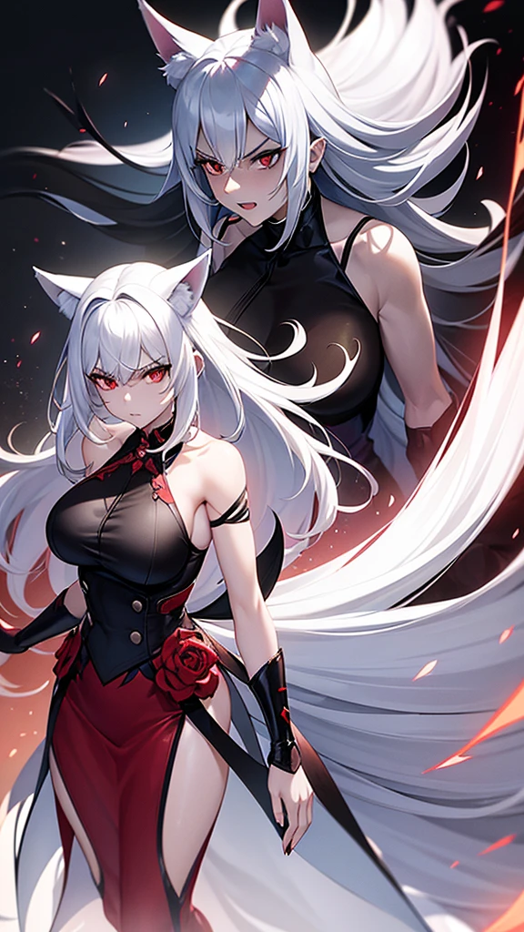 An adult woman, half fox and wolf, white hair, red eyes, wide breasts, very angry, standing, in a black dress