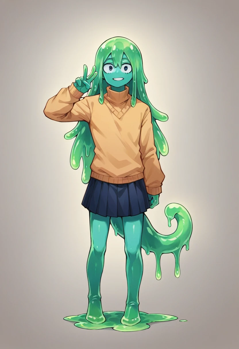 score_9, score_8_up, score_7_up, score_6_up, score_5_up, score_4_up, source_anime, 1Boy, slime Boy, Blue skin, Punk style, Long hair with green tips, tentacles, slime tentacles, slime boy, solo, slimegirlsfw, slime boy, sweater, skirt, slimeboy, my hero academia, tentacles, school, depth of field, LUT, detailed, handsome, cute slime boy. My hero academia school, Tentacle tail, Full body shot, Peace sign pose. 