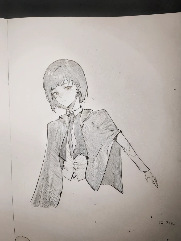 Handsome，beautiful，Tear mole，short hair，cloak，Dress，Dark circles，tie，Looking from the bottom up，