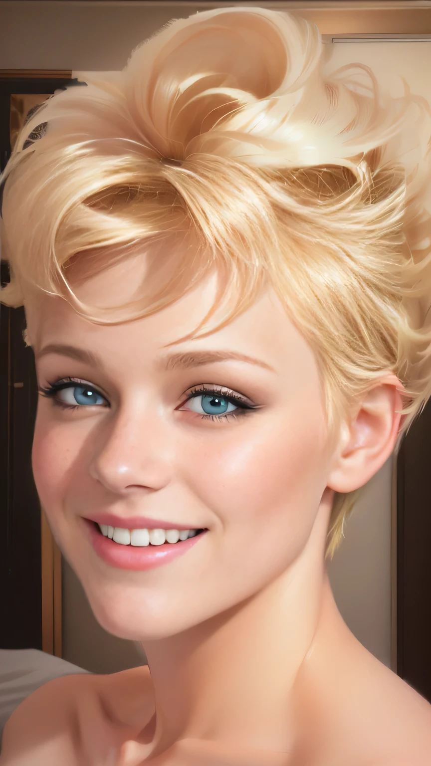 blond woman with short hair smiling at camera, standing in a bedroom, airbrush digital oil painting, photorealistic digital painting, ultra realistic digital painting, realistic digital painting, digital art. photo realistic, photorealistic beautiful face, photo realistic portrait, hyperrealistic digital painting, very realistic digital art, photorealistic portrait, photorealistic digital art, hyper realistic portrait.  Detailed eyes, green eyes.  Naked, nude.