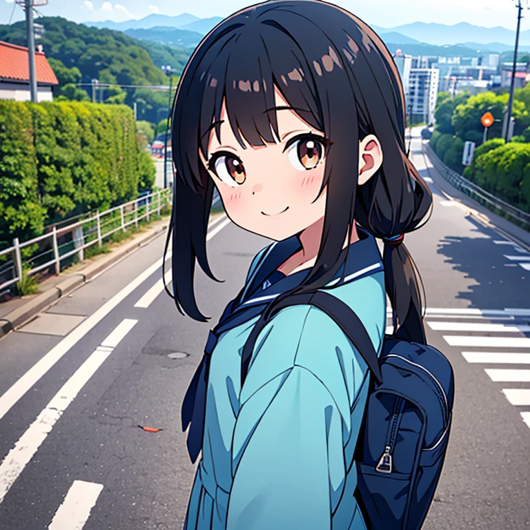 1girl, standing, head tilt,
(downhill:1.3), (sloped road), wide single road in Japan, (sea in distance:1.4), (port city:1.4), (cityscape in distance),
gentle smile, 15yo,
(low twintails girl), low pigtails, black hair, very long hair,
long sleeves, navy-blue serafuku with blue ribbon, navy-blue ,
1 school bag on right shoulder,
(brown eye),
city area, (stylish, urban),
electric pole, white line on the road, tree on side, white residences on side,
gantry crane, afternoon, spring, superb view,
from front, from slightly above,
anime, high brightness, detailed face, detailed eyes,
high quality, ultra detailed, masterpiece, FHD