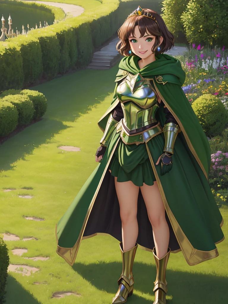 masterpiece, best quality:1.2), 1girl, smile, looking at viewer, green eyes, short brown hair, princess, armor, , pauldrons, armored dress, green cloak cape, wearing puffy blue ballgown skirt, golden tiara with green gem, armored boots, fingerless gloves, standing in medieval garden