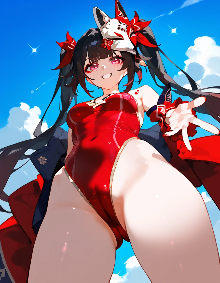 anime artwork, score_9, score_8_up, score_7_up, score_6_up, score_5_up, score_4_up,sparkle \(honkai: star rail\),1girl, twintails, black hair, medium breasts, red eyes, red eyeshadow, fox mask , , , , , she is 24 years old, , ,horny, , , , style_3, ,,, floox style, . one-piece swimsuit. from below, cameltoe, from behind, , looking at viewer, grin, sky, clouds, sun, ass, . parkle is a young woman who has black hair that is tied into two high pigtails with a red tie. Her hair reaches her hips and has pink tips, fringe middle bangs, and two locks in front, with the left lock reaching her collarbone and the right lock reaches her shoulder. She has fluorescent pink eyes with tiny black dots under each of her eyes. Additionally, a white-and-red Kitsune mask is at an angle on the top of her head
