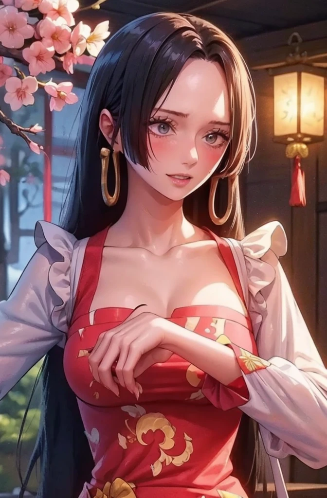 There is a cartoon  in dress, Chinese dress, hanbok apron, Chinese costume, Chinese traditional costume, close-up - view, hanbok, wearing ancient Chinese costume, with ancient Chinese costume, palace, a girl in Hanfu, white hanfu, cheongsam, wearing pink flowers Chiton, shadow room, light edge, two-tone lighting, (high detail skin: 1.2), 8k uhd, DSLR, soft light, high quality, volumetric lighting, sneak peek, photo, high resolution, 4k, 8k, Background bokeh  