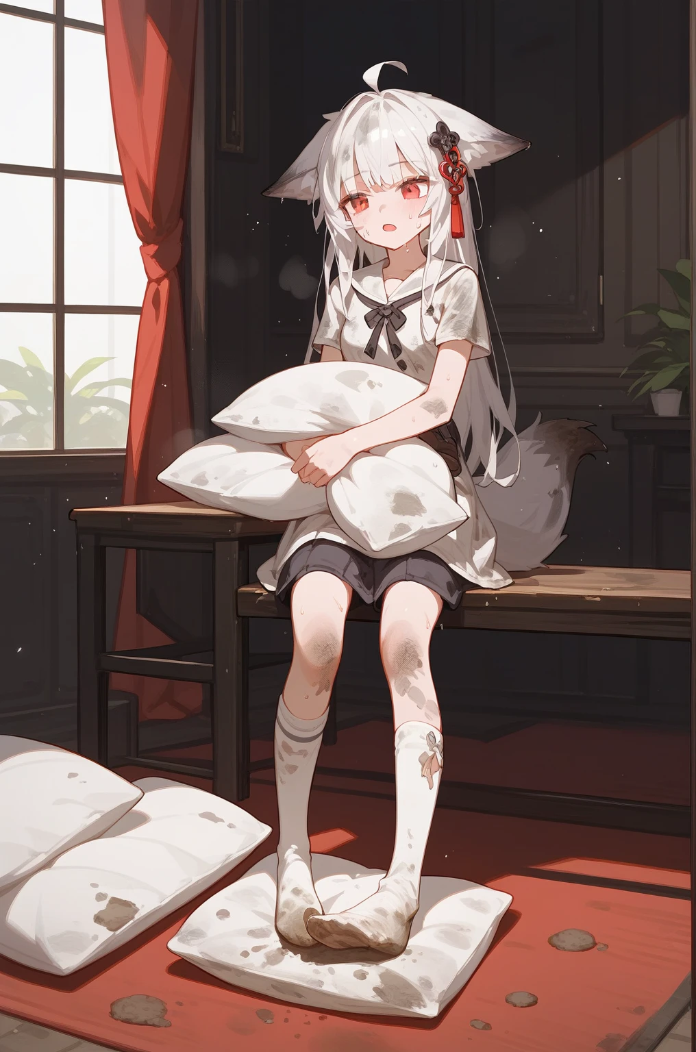 1 girl,dirty,foot,foot底,Red Eyes，breast,solitary,Long hair,White hair,,foot趾,foot部焦点,Looking at the audience,sit,Sweat,open mouth,dirty foot,Keep,indoor,Pillow,Bangs，White knee socks，Fox ears，There&#39;foot的泥土，White clothes，kimono，Japanese style，dirtyPillow，dirty床，女孩周围堆满Pillow，女孩踩踏2着Pillow，大量Pillow，Pillow上肮脏，,(Deluxe Rococo Canopy King Bed),On a big and spacious bed,(),,,,Luxurious curtains with ornate ruffles and ribbons surround the bed,((((There are many pillows piled on the bed)))),Detail of Quilt,Detailed bed sheets,女孩踩在Pillow上