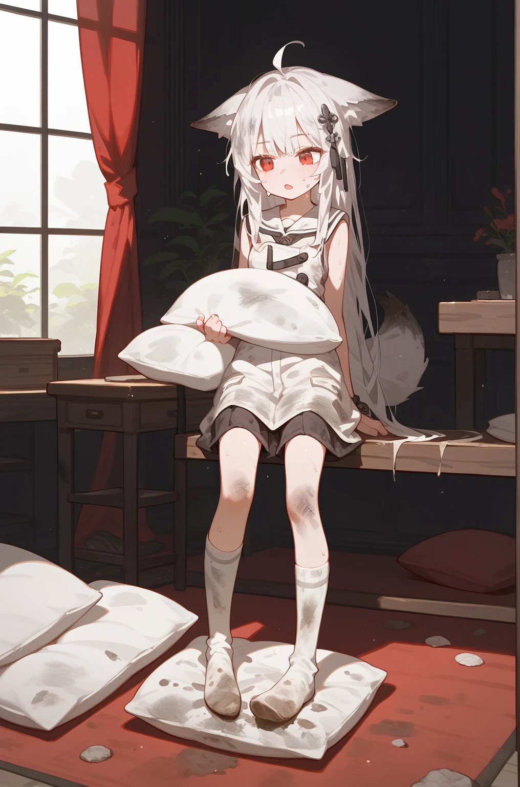 1 girl,dirty,foot,foot底,Red Eyes，breast,solitary,Long hair,White hair,,foot趾,foot部焦点,Looking at the audience,sit,Sweat,open mouth,dirty foot,Keep,indoor,Pillow,Bangs，White knee socks，Fox ears，There&#39;foot的泥土，White clothes，kimono，Japanese style，dirtyPillow，dirty床，女孩周围堆满Pillow，女孩踩踏2着Pillow，大量Pillow，Pillow上肮脏