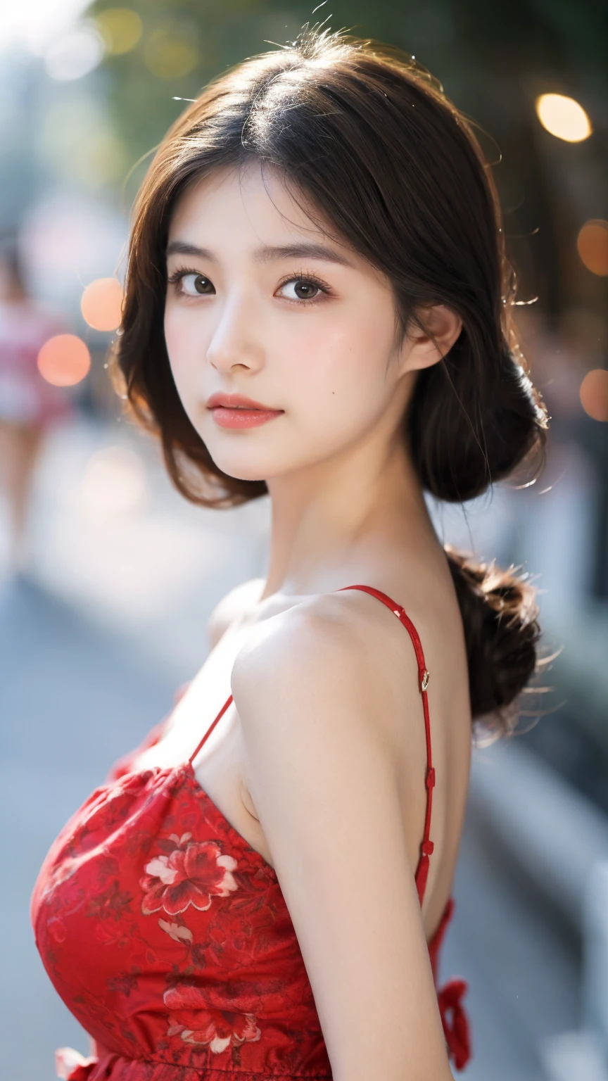 ((Best quality, 8K, masterpiece:1.3))，1girl，18 years old，Asian，Real texture:1.3，(Background blur:1.1)，Dress Up，Tall and slender figure:1.2，(Hot summer weather)，（street:1.3），Highly detailed face and skin textures，Exquisite eyes，Long eyelashes，Double eyelids，Skin Whitening，happy，Various postures，Big breasts