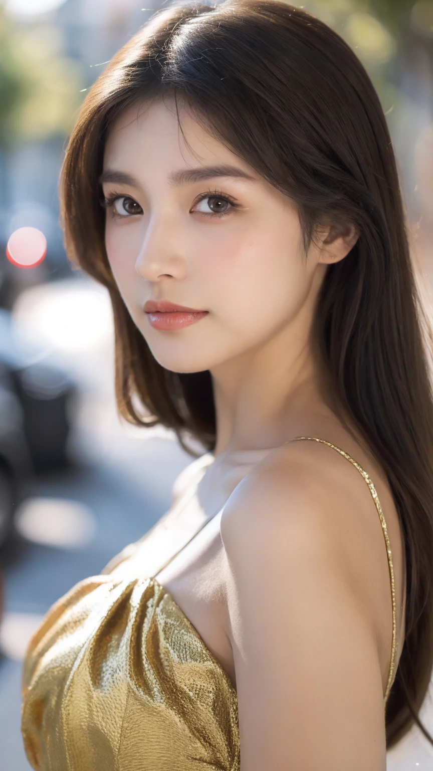 ((Best quality, 8K, masterpiece:1.3)),1girl,18 years old,Asian,Real texture:1.3,(Background blur:1.1),Dress Up,Tall and slender figure:1.2,(Hot summer weather),(street:1.3),Highly detailed face and skin textures,Exquisite eyes,Long eyelashes,Double eyelids,Skin Whitening,happy,Various postures,Big breasts