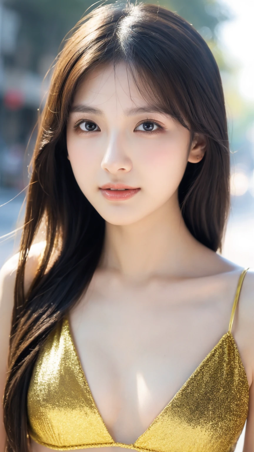 ((Best quality, 8K, masterpiece:1.3)),1girl,18 years old,Asian,Real texture:1.3,(Background blur:1.1),Dress Up,Tall and slender figure:1.2,(Hot summer weather),(street:1.3),Highly detailed face and skin textures,Exquisite eyes,Long eyelashes,Double eyelids,Skin Whitening,happy,Various postures,Big breasts