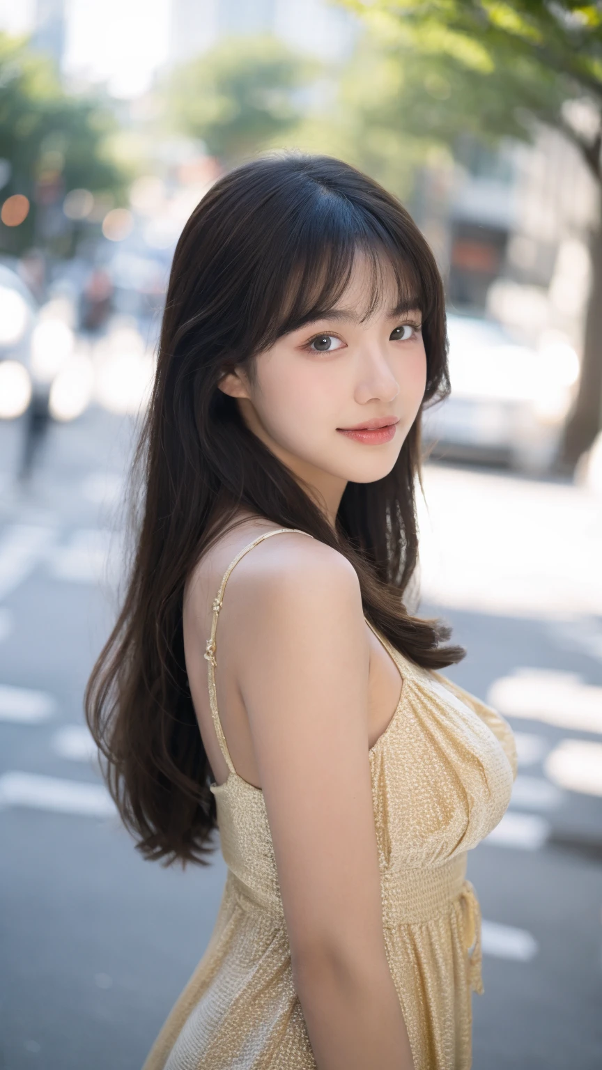 ((Best quality, 8K, masterpiece:1.3))，1girl，18 years old，Asian，Real texture:1.3，(Background blur:1.1)，Dress Up，Tall and slender figure:1.2，(Hot summer weather)，（street:1.3），Highly detailed face and skin textures，Exquisite eyes，Long eyelashes，Double eyelids，Skin Whitening，happy，Various postures，Big breasts