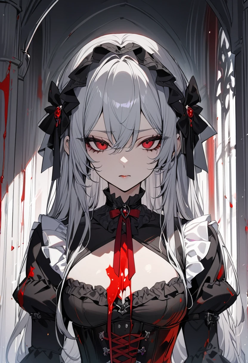 One girl, masterpiece, best quality, beautiful woman, expressionless, black extensions, silver hair, long hair, red eyes, gothic ta, corset, red blood, anime
