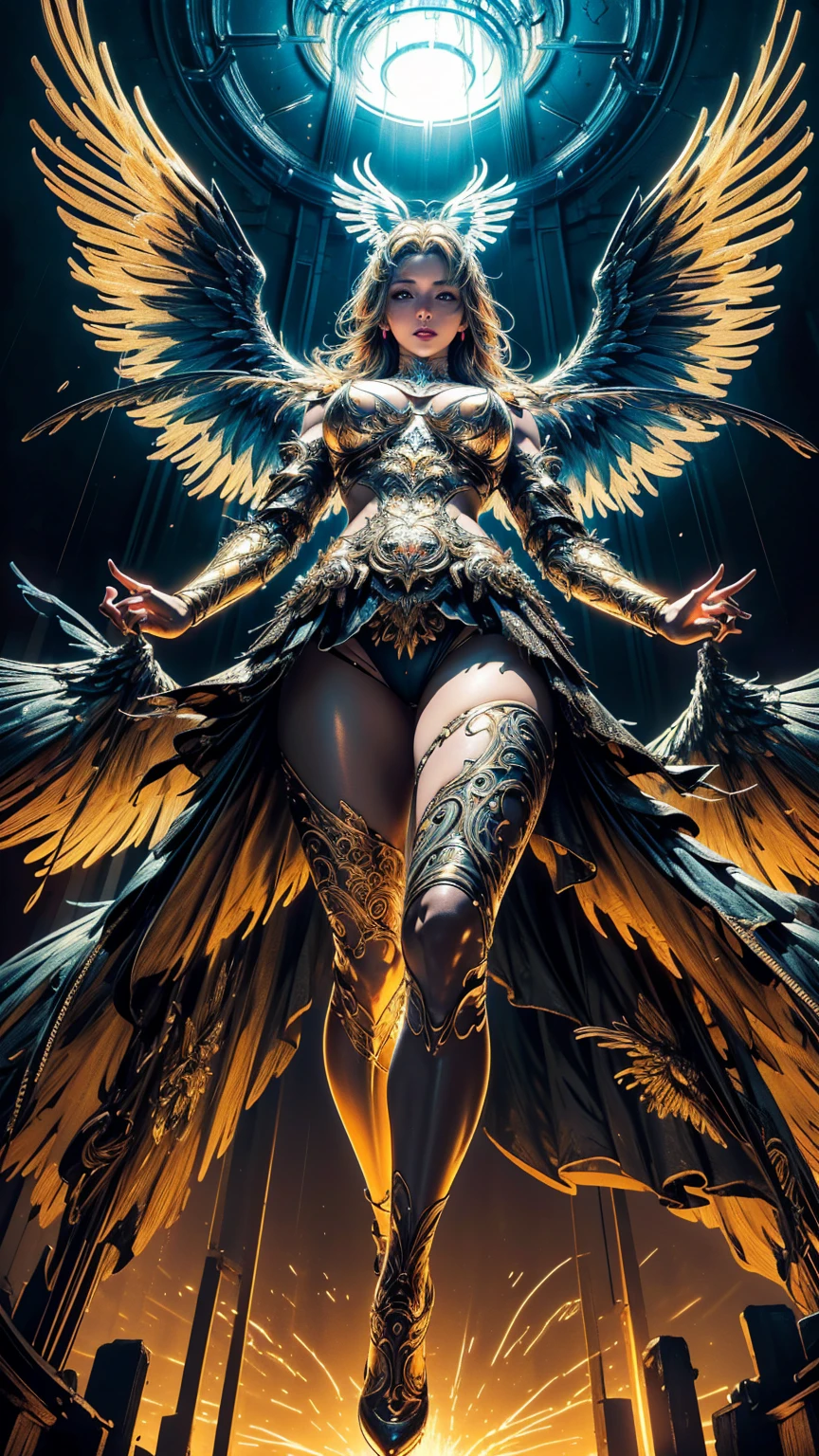 (best quality, masterpiece, colorful, dynamic angle, from below, highest detailed)upper body photo,full body photo,fashion photography of cute mechangel,glowing 4 wings,solo,glowing armor,glowing halo,building,glowing mechanical 4 wings (intricate details, hyperdetailed:1.15),detailed,light passing through hair,(official art, extreme detailed, highest detailed),HDR+,