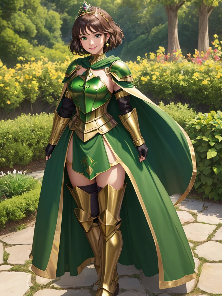 masterpiece, best quality:1.2), 1girl, smile, looking at viewer, green eyes, short brown hair, princess, armor, , pauldrons, armored dress, green cloak cape, wearing puffy blue ballgown skirt, golden tiara with green gem, armored boots, fingerless gloves, standing in medieval garden