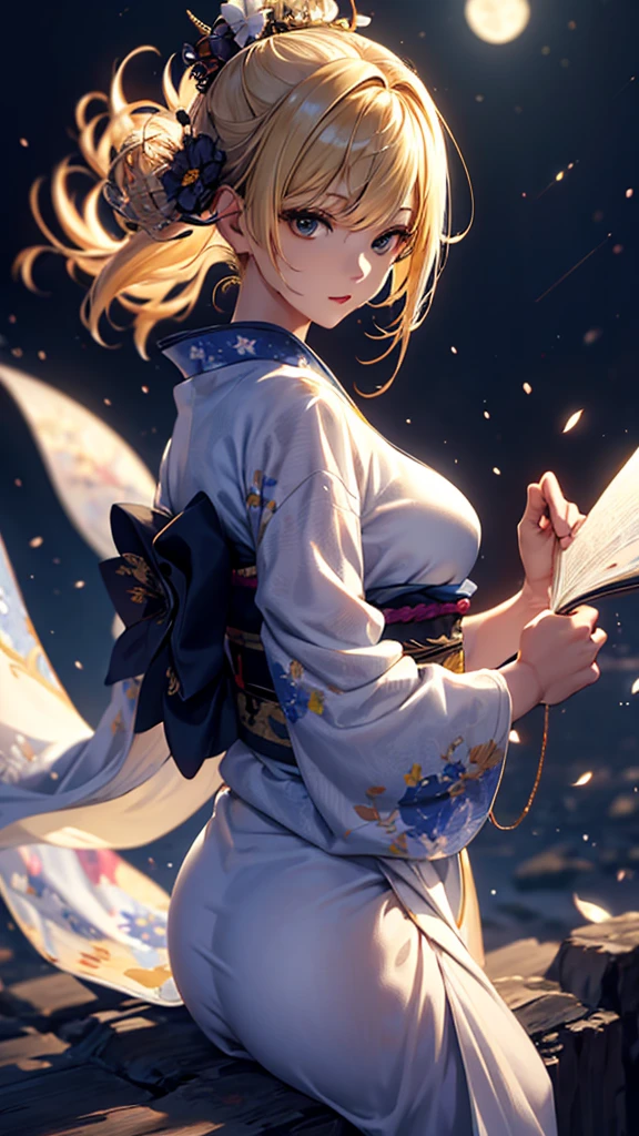 masterpiece, high quality, 4K, Beautiful design, silhouette，blonde， 非常に詳細な夜のStarry Sky,Flower Field， wonderful, Finer details,  Very knowledgeable woman, Highly detailed solo, 1 female,Big Breasts，Butt Emphasis，Underwear Line，Yukata in white color，Night view，Starry Sky，full moon，How to sit，