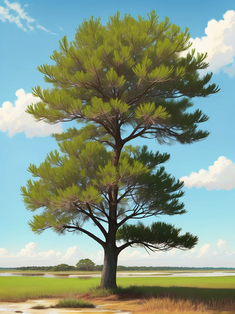 a lone palmetto tree in a grassy field with a saltmarsh background.