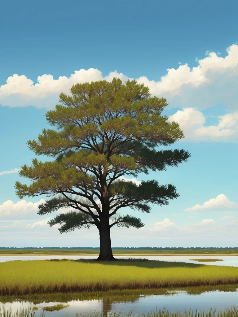 a lone palmetto tree in a grassy field with a saltmarsh background.