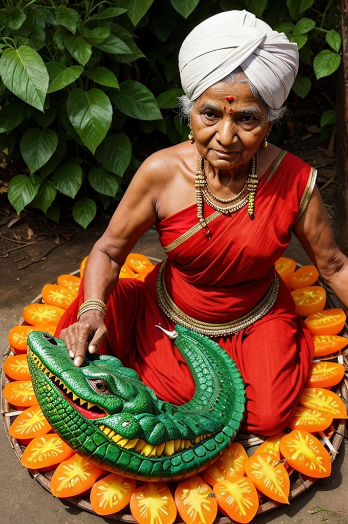 An old indian woman shows her creativity and make crocodile from tomatoes generate a realistic image of given prompt