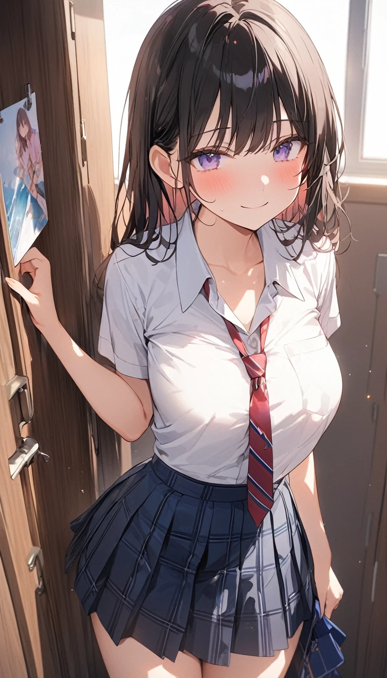 高いquality illustration, masterpiece, Very delicate and beautiful, Attractive girl,big tits,slim waist,(school uniform),thin,Slender body,slim, Beautiful Eyes,A light smile,blush,(masterpiece, Highest quality:1.2), High res, Very detailed CG ユニティ 8K 壁紙, Perfect lighting, colorful, Ultra-high res,4K,Very detailed, photograph, 8K, High resolution, , nsfw, girl, locker room, undressing, pull down pantie, skirt, vagina