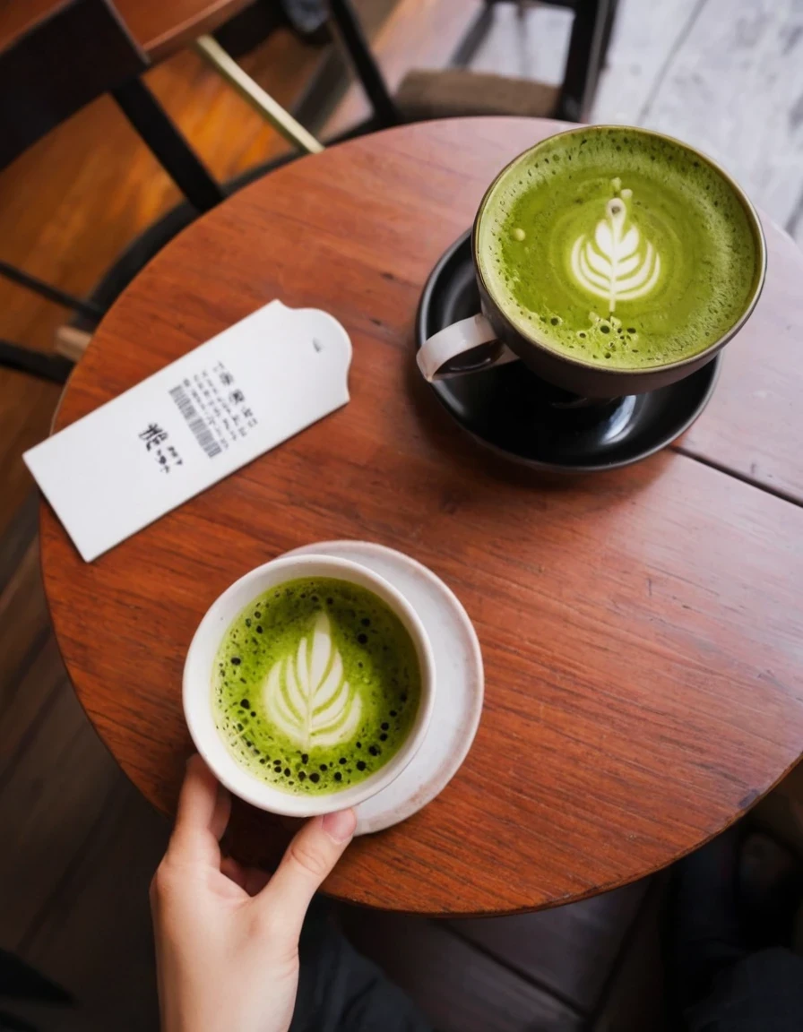 photography POV of a table in a tokyo café with a cup of matcha coffee woman hand and feet, delete cup